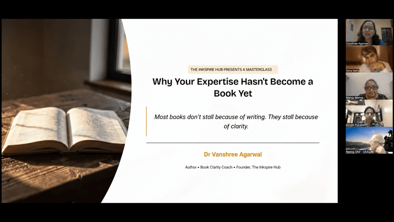 Book Clarity Masterclass title slide with participants